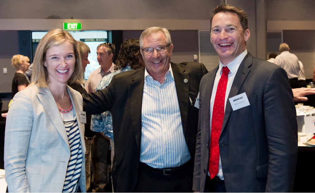 FLYING AMBITIONS: Virgin Australia executives Alex O’Connor and Andrew Best with Chamber of Commerce president George Cecato. FLYING AMBITIONS: Virgin Australia executives Alex O’Connor and Andrew Best with Chamber of Commerce president George Cecato.
