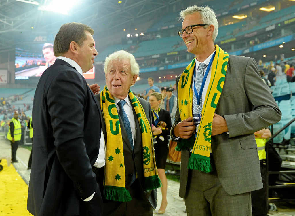 MEN AT THE TOP: Socceroos coach Ange Postecoglou (left), FFA Chairman Frank Lowy and FFA CEO David Gallop. MEN AT THE TOP: Socceroos coach Ange Postecoglou (left), FFA Chairman Frank Lowy and FFA CEO David Gallop.