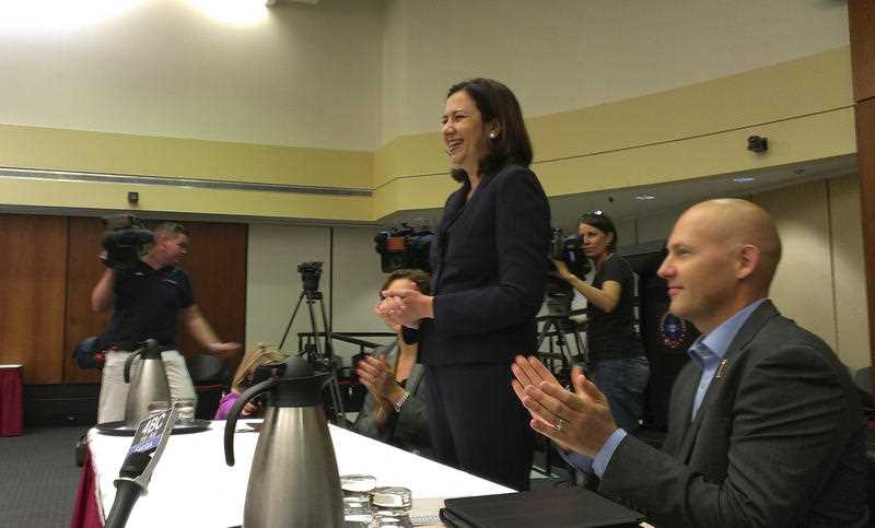 New Queensland premier Annastasia Palaszczuk addresses her caucus with deputy premier Jackie Trad and treasurer Curtis Pitt, Sunday,Feb. 15, 2015. New Queensland premier Annastasia Palaszczuk addresses her caucus with deputy premier Jackie Trad and treasurer Curtis Pitt, Sunday,Feb. 15, 2015.