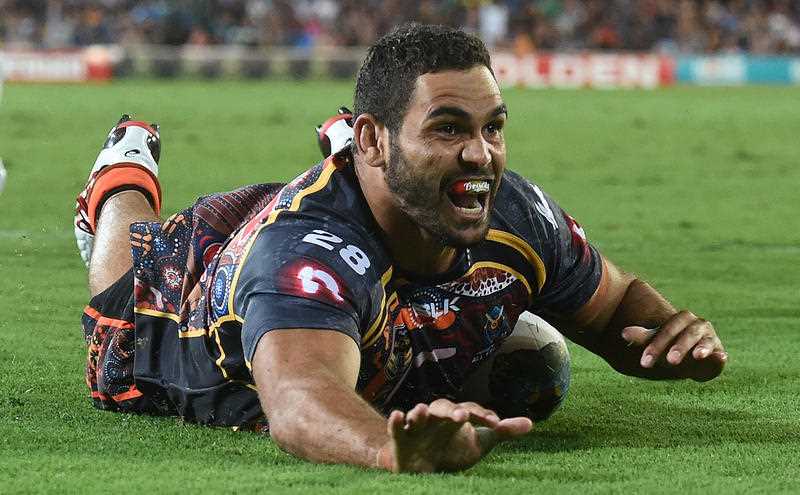 Indigenous player Greg Inglis scores a try during the Indigenous v NRL All Stars match at CBUS Stadium on the Gold Coast, Friday, Feb. 13, 2015. Indigenous player Greg Inglis scores a try during the Indigenous v NRL All Stars match at CBUS Stadium on the Gold Coast, Friday, Feb. 13, 2015.