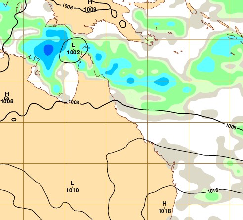 This Bureau of Meteorology map shows where it expects the low off the coast of Queensland to be on Thursday evening. This Bureau of Meteorology map shows where it expects the low off the coast of Queensland to be on Thursday evening.