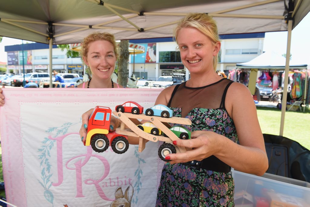 MARKET DELIGHTS: Shannon Green and Sarah Arnold from Hervey Bay pictured at the Pier Family Markets with a handmade quilt and wooden truck for sale. MARKET DELIGHTS: Shannon Green and Sarah Arnold from Hervey Bay pictured at the Pier Family Markets with a handmade quilt and wooden truck for sale.