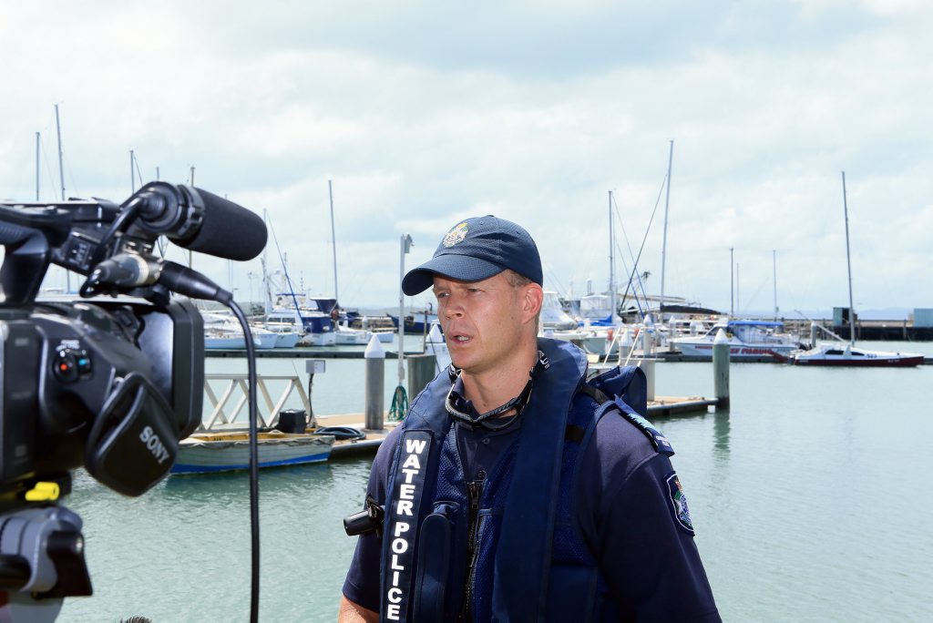 Officer in charge of Hervey Bay Water Police, Sergeant Paul Bacon speaks about the rescue of the men off Moonboom Island. Photo: Brendan Bufi / Fraser Coast Chronicle Officer in charge of Hervey Bay Water Police, Sergeant Paul Bacon speaks about the rescue of the men off Moonboom Island. Photo: Brendan Bufi / Fraser Coast Chronicle
