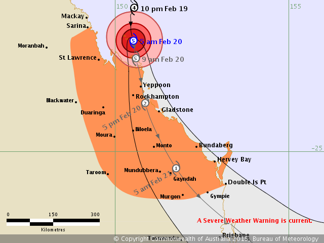 BOM tracking map for Tropical Cyclone Marcia, released 5am on Friday February 20 BOM tracking map for Tropical Cyclone Marcia, released 5am on Friday February 20