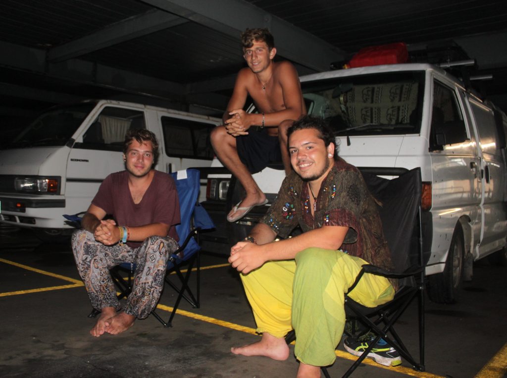 French backpackers (from left) Martin Vercampt, Sullivan Gaume and Remi Dussetier took shelter from Cyclone Marcia at the Arcade carpark on Bolsover St, Rockhampton Photo Guy Williams / Morning Bulletin French backpackers (from left) Martin Vercampt, Sullivan Gaume and Remi Dussetier took shelter from Cyclone Marcia at the Arcade carpark on Bolsover St, Rockhampton Photo Guy Williams / Morning Bulletin