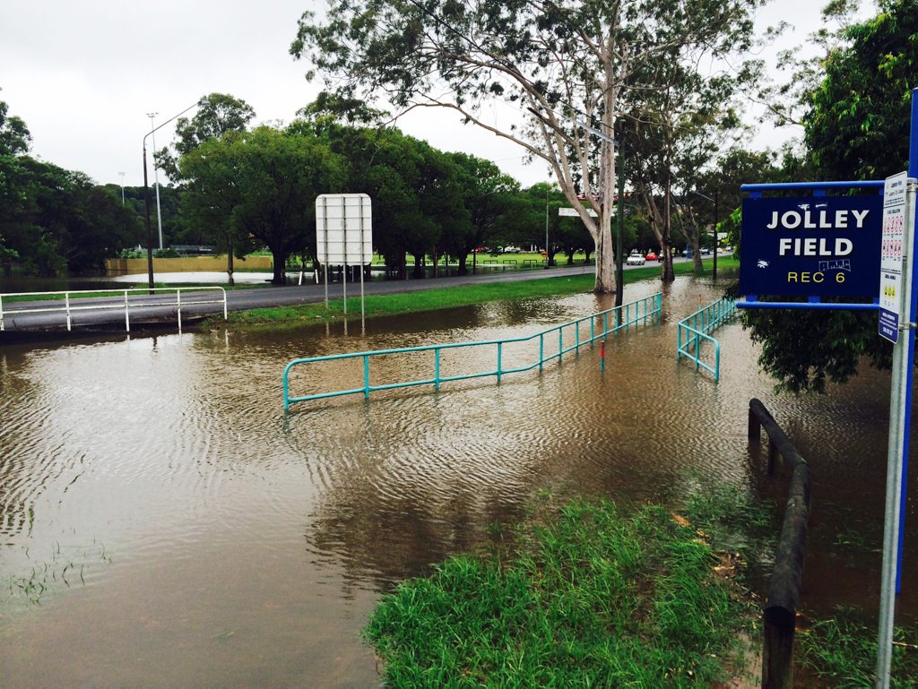 Floods in Jolley Field, Lismore during cylone Marcia. Photo : Phil Clynes Floods in Jolley Field, Lismore during cylone Marcia. Photo : Phil Clynes