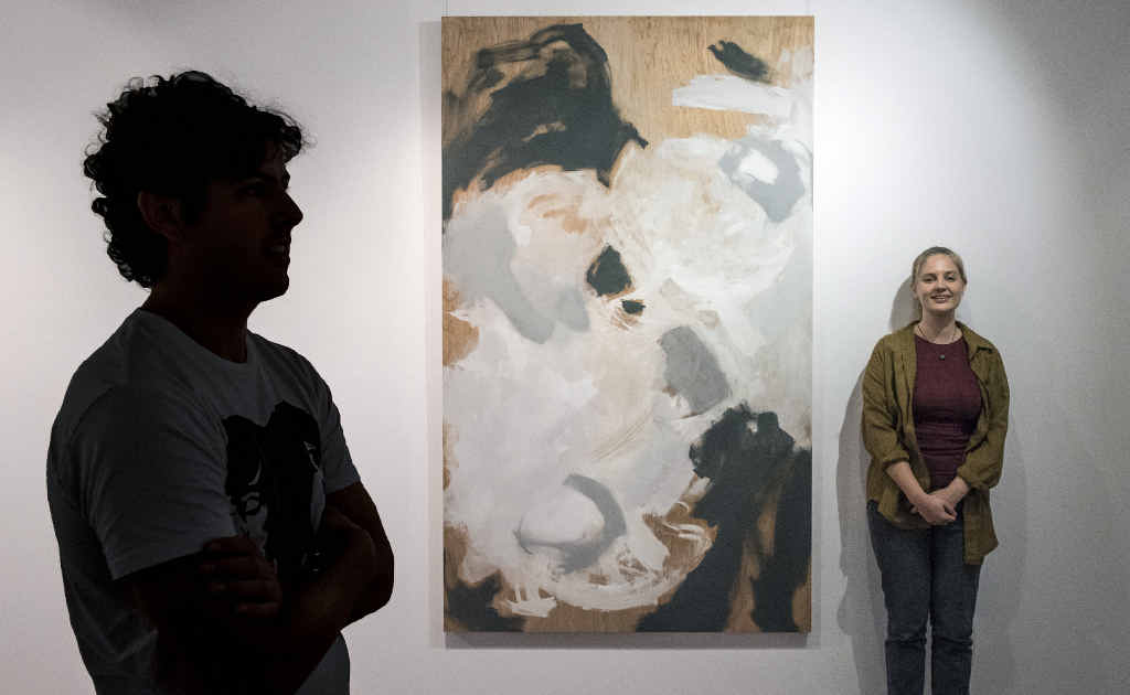 HANG ON: Artists Dan McDonnell and Kathryn Dolby, with her piece The Moment Before, at the opening of the Abstract Wonder exhibition at the Grafton Regional Gallery. Photo: Adam Hourigan HANG ON: Artists Dan McDonnell and Kathryn Dolby, with her piece The Moment Before, at the opening of the Abstract Wonder exhibition at the Grafton Regional Gallery. Photo: Adam Hourigan