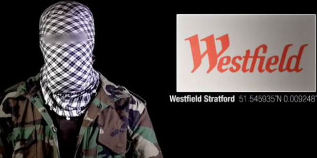 The Westfield logo flashes across the screen in the latest Shebab terror video. Photo / Screengrab The Westfield logo flashes across the screen in the latest Shebab terror video. Photo / Screengrab