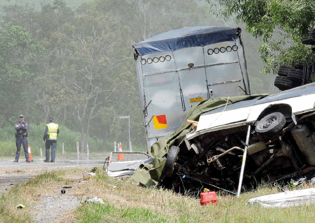 Two tourists were killed in a two-vehicle crash between a B-double and Ford Econovan van on the Bruce Hwy just north of the Marian-Hampden turnoff. Two tourists were killed in a two-vehicle crash between a B-double and Ford Econovan van on the Bruce Hwy just north of the Marian-Hampden turnoff.