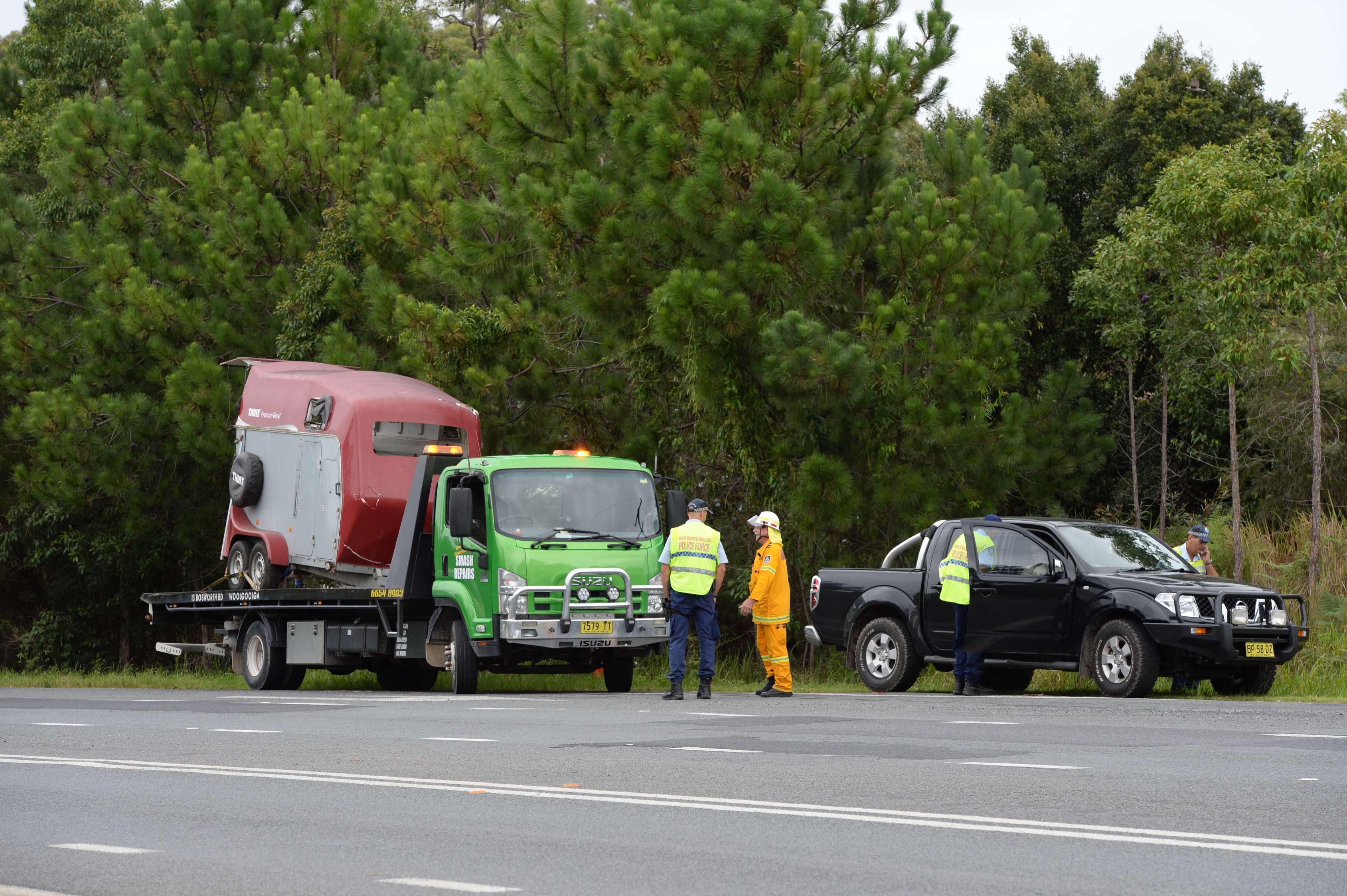 A horse survived after the float it was being towed in detached from a 4WD and overturned on the Pacific Hwy at Blackadder Creek, Corindi Beach this afternoon. A horse survived after the float it was being towed in detached from a 4WD and overturned on the Pacific Hwy at Blackadder Creek, Corindi Beach this afternoon.