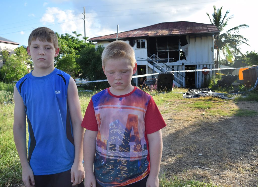 Park Avenue brothers Sebastian Carr, 10, and Cameron Carr, 7, are devastated their home has been destroyed by fire. Photo Austin King / The Morning Bulletin Park Avenue brothers Sebastian Carr, 10, and Cameron Carr, 7, are devastated their home has been destroyed by fire. Photo Austin King / The Morning Bulletin