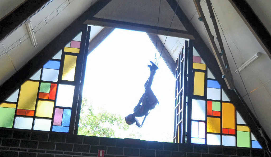 FLYING HIGH: Mullumbimby High School Year 7 student Kailah Zylstra turns upside down while chapel-swinging at Camp Koinonia in Evans Head. FLYING HIGH: Mullumbimby High School Year 7 student Kailah Zylstra turns upside down while chapel-swinging at Camp Koinonia in Evans Head.