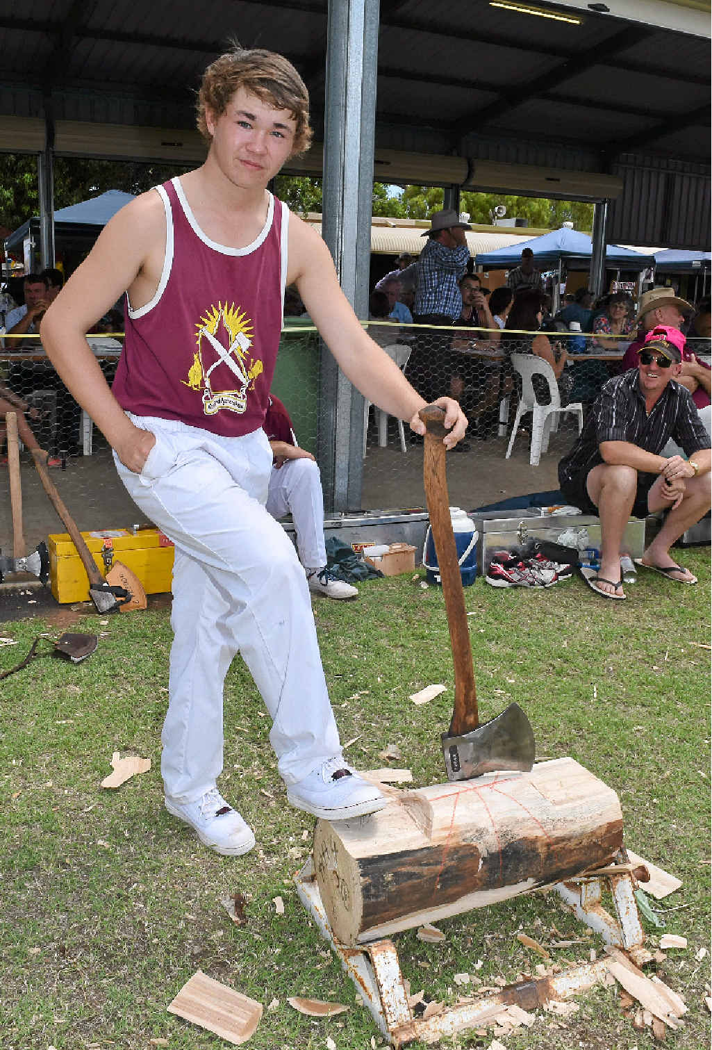 FLYING START: Liam Smith from Kilcoy tries his hand at woodchopping at the Bell Show. FLYING START: Liam Smith from Kilcoy tries his hand at woodchopping at the Bell Show.