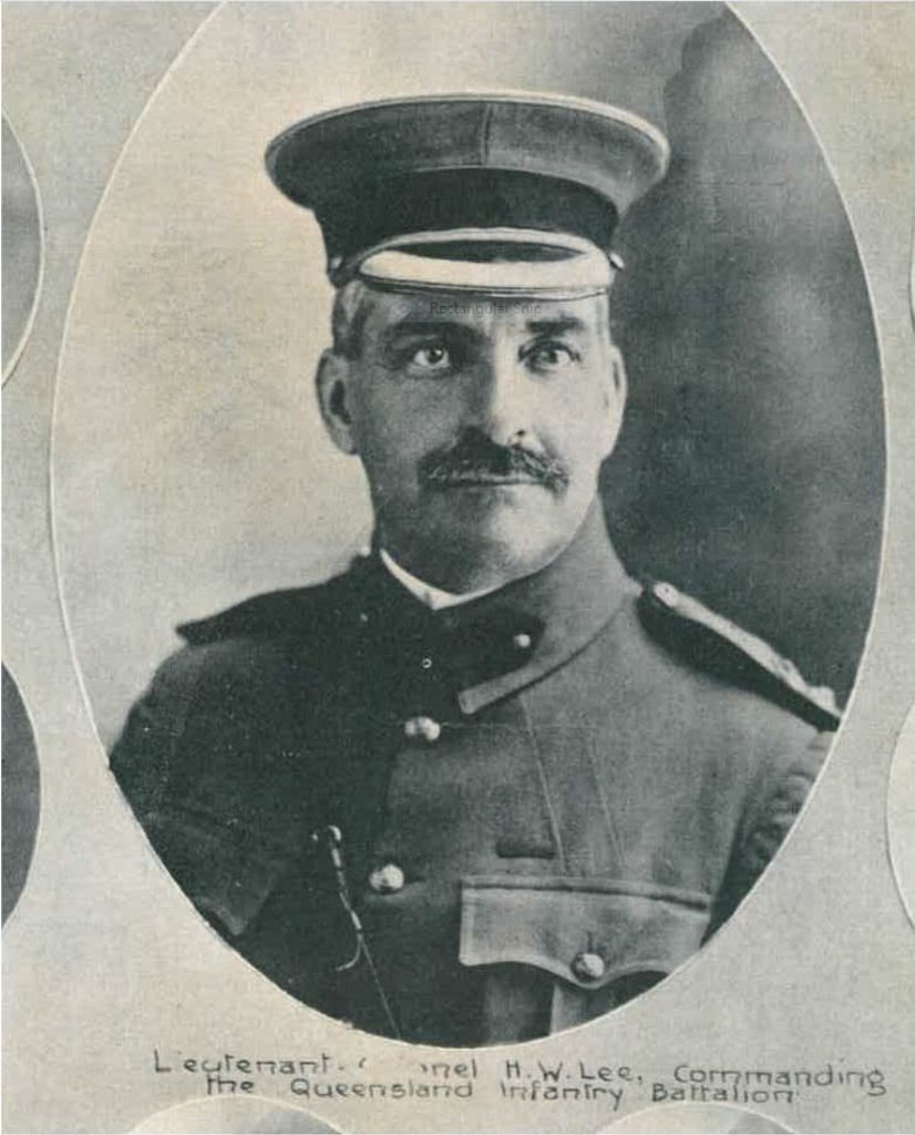 Lieutenant-Colonel H. W. Lee who commanded the 9th Battalion at Lemnos and landed with them at Anzac Cove on the morning of April 25, 1915. Lieutenant-Colonel H. W. Lee who commanded the 9th Battalion at Lemnos and landed with them at Anzac Cove on the morning of April 25, 1915.