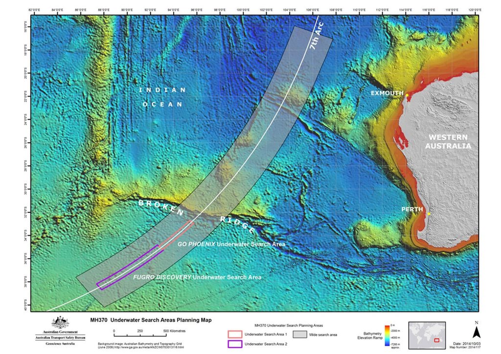 epa04436719 A handout picture made available by the Australian Joint Agency Coordination Centre (JACC) on 08 October 2014 shows the underwater search areas for missing Malaysia Airlines flight MH370 in the Indian Ocean, off Western Australia. The search for missing Malaysian Airlines Flight MH370 entered a new phase as special vessels arrived in the southern Indian Ocean to probe canyons and peaks 6,000 meters under the surface of the ocean. The new search began after months of technical analysis and mapping of the sea floor in a huge area where the plane carrying 239 people is believed to have gone down. The 60,000-square-kilometre search area is 1,800km south west of Perth, a thin but long line indicated by the last contact with the plane that disappeared on 08 March 2014. The initial underwater search areas have been allocated to different search vessels. The first area is currently being searched by GO Phoenix, and the second has been assigned to the Fugro vessels. EPA/JACC HANDOUT EDITORIAL USE ONLY/NO SALES epa04436719 A handout picture made available by the Australian Joint Agency Coordination Centre (JACC) on 08 October 2014 shows the underwater search areas for missing Malaysia Airlines flight MH370 in the Indian Ocean, off Western Australia. The search for missing Malaysian Airlines Flight MH370 entered a new phase as special vessels arrived in the southern Indian Ocean to probe canyons and peaks 6,000 meters under the surface of the ocean. The new search began after months of technical analysis and mapping of the sea floor in a huge area where the plane carrying 239 people is believed to have gone down. The 60,000-square-kilometre search area is 1,800km south west of Perth, a thin but long line indicated by the last contact with the plane that disappeared on 08 March 2014. The initial underwater search areas have been allocated to different search vessels. The first area is currently being searched by GO Phoenix, and the second has been assigned to the Fugro vessels. EPA/JACC HANDOUT EDITORIAL USE ONLY/NO SALES