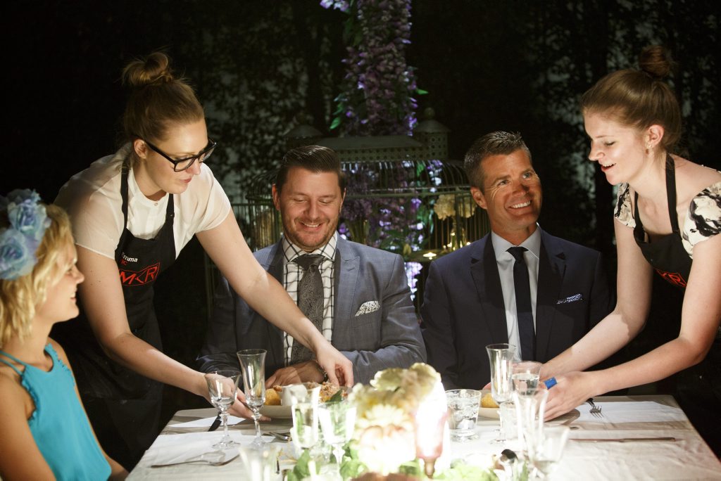 Emma and Jane serve their main course to judges Manu Feildel, left, and Pete Evans. Emma and Jane serve their main course to judges Manu Feildel, left, and Pete Evans.