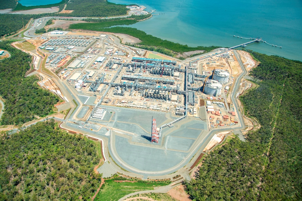 An aerial view of the Santos GLNG project on Curtis Island. An aerial view of the Santos GLNG project on Curtis Island.