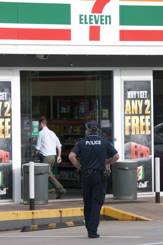 A man armed with a knife jumped the counter at the 7-Eleven service station in Rangeville, Toowoomba. A man armed with a knife jumped the counter at the 7-Eleven service station in Rangeville, Toowoomba.
