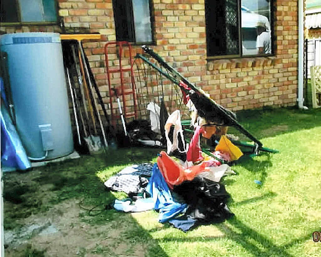 STRONG WINDS: The whirly wind ripped Caroline Phillips’ clothes lines off its base and tossed it across the yard of her Ogilvie Rd home. STRONG WINDS: The whirly wind ripped Caroline Phillips’ clothes lines off its base and tossed it across the yard of her Ogilvie Rd home.