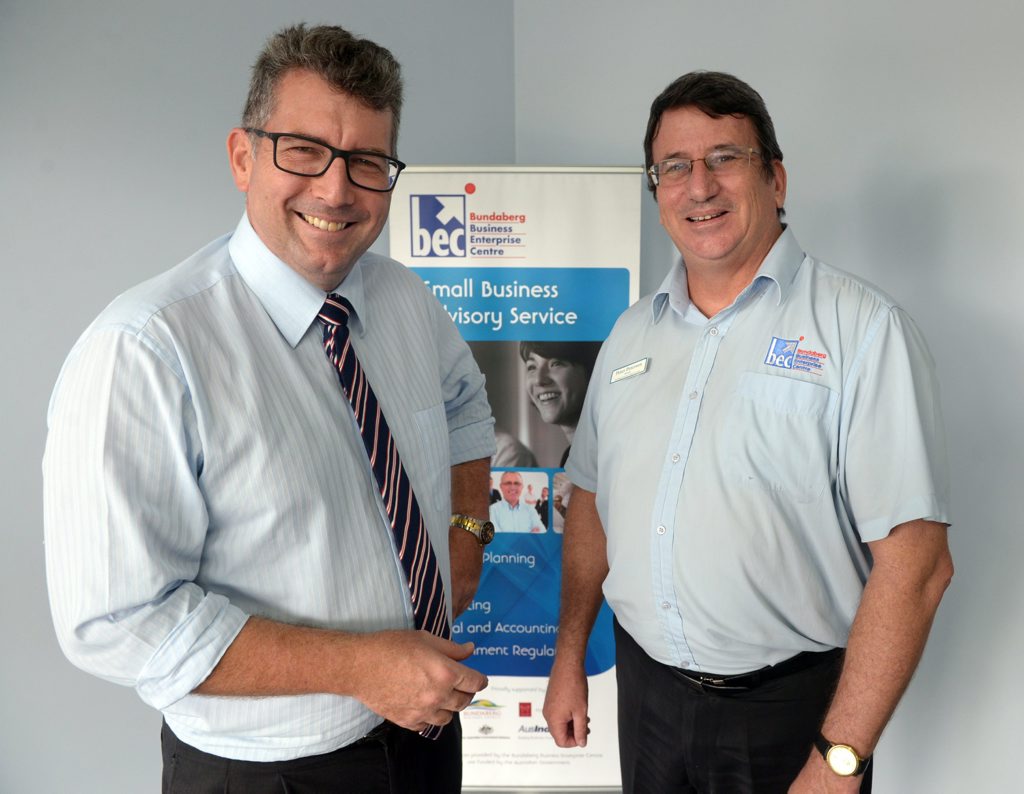 SMALL BUSINESS FUNDING: Member for Hinkler Keith Pitt with Bundaberg Enterprise Centre manager Peter Peterson. Photo taken Tuesday, 10 March 2015. Photo: Max Fleet / NewsMail SMALL BUSINESS FUNDING: Member for Hinkler Keith Pitt with Bundaberg Enterprise Centre manager Peter Peterson. Photo taken Tuesday, 10 March 2015. Photo: Max Fleet / NewsMail