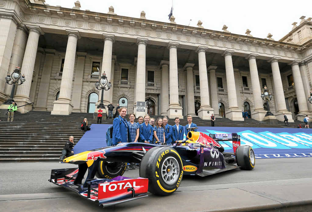 READY FOR ACTION: Daniel Ricciardo’s Red Bull Formula One car at Parliament House head of the 2015 Melbourne Formula One Grand Prix. INSET: Daniel Ricciardo READY FOR ACTION: Daniel Ricciardo’s Red Bull Formula One car at Parliament House head of the 2015 Melbourne Formula One Grand Prix. INSET: Daniel Ricciardo