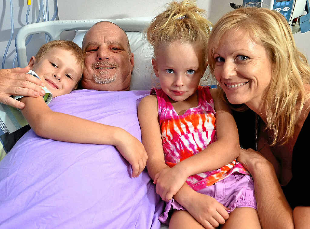 LONG ROAD AHEAD: Wes Stephen in hospital with his wife Janelle and children Sam, 7, and Miki, 5. LONG ROAD AHEAD: Wes Stephen in hospital with his wife Janelle and children Sam, 7, and Miki, 5.