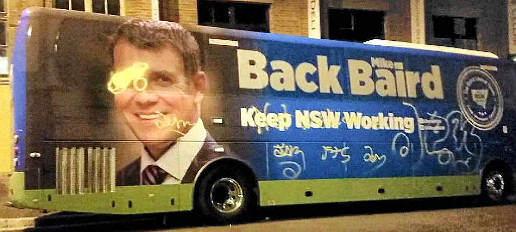 Premier Mike Baird’s tour bus. Premier Mike Baird’s tour bus.
