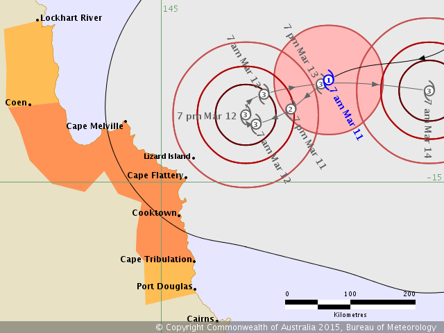 The forecast path of Tropical Cyclone Nathan as predicted by the Bureau of Meteorology at 8.40am on Wednesday March 11. The forecast path of Tropical Cyclone Nathan as predicted by the Bureau of Meteorology at 8.40am on Wednesday March 11.