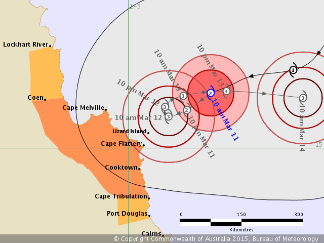 Tropical Cyclone Nathan's path as predicted by the Bureau of Meteorology at 10:57 on Wednesday 11 March 2015.
Note its 'grey area of uncertainty' which warns there is still a small risk of it making landfall Tropical Cyclone Nathan's path as predicted by the Bureau of Meteorology at 10:57 on Wednesday 11 March 2015.
Note its 'grey area of uncertainty' which warns there is still a small risk of it making landfall