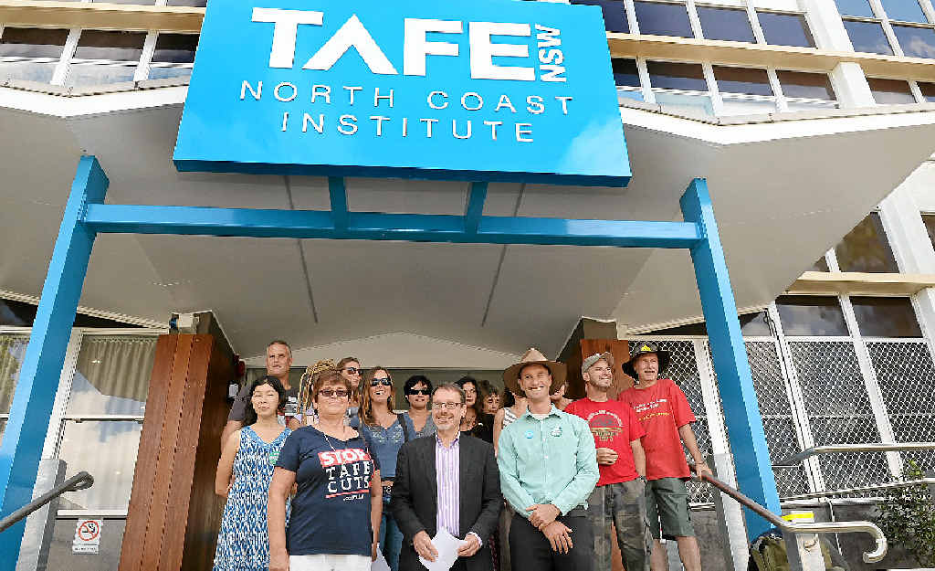 Greens NSW MP John Kaye (in jacket) with Lismore candidate Adam Guise (in hat) at Lismore TAFE yesterday with students and teachers union organiser Kathy Nicholson (front left) to talk about the Greens’ plan Fund TAFE First. Greens NSW MP John Kaye (in jacket) with Lismore candidate Adam Guise (in hat) at Lismore TAFE yesterday with students and teachers union organiser Kathy Nicholson (front left) to talk about the Greens’ plan Fund TAFE First.