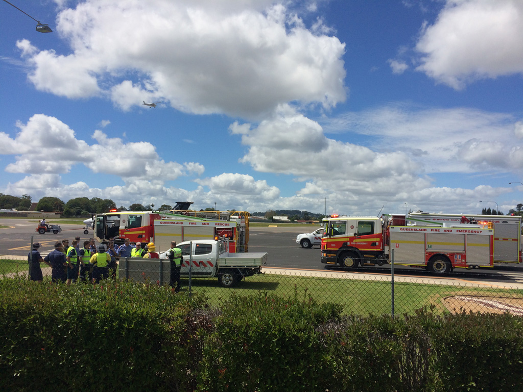 Emergency services at the Toowoomba Airport ahead of an emergency landing. Emergency services at the Toowoomba Airport ahead of an emergency landing.