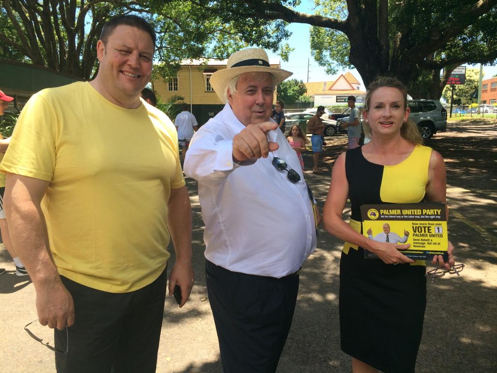 Clive Palmer, Glenn Lazarus and his wife Tess at Buderim Mountain State School on voting day. Clive Palmer, Glenn Lazarus and his wife Tess at Buderim Mountain State School on voting day.