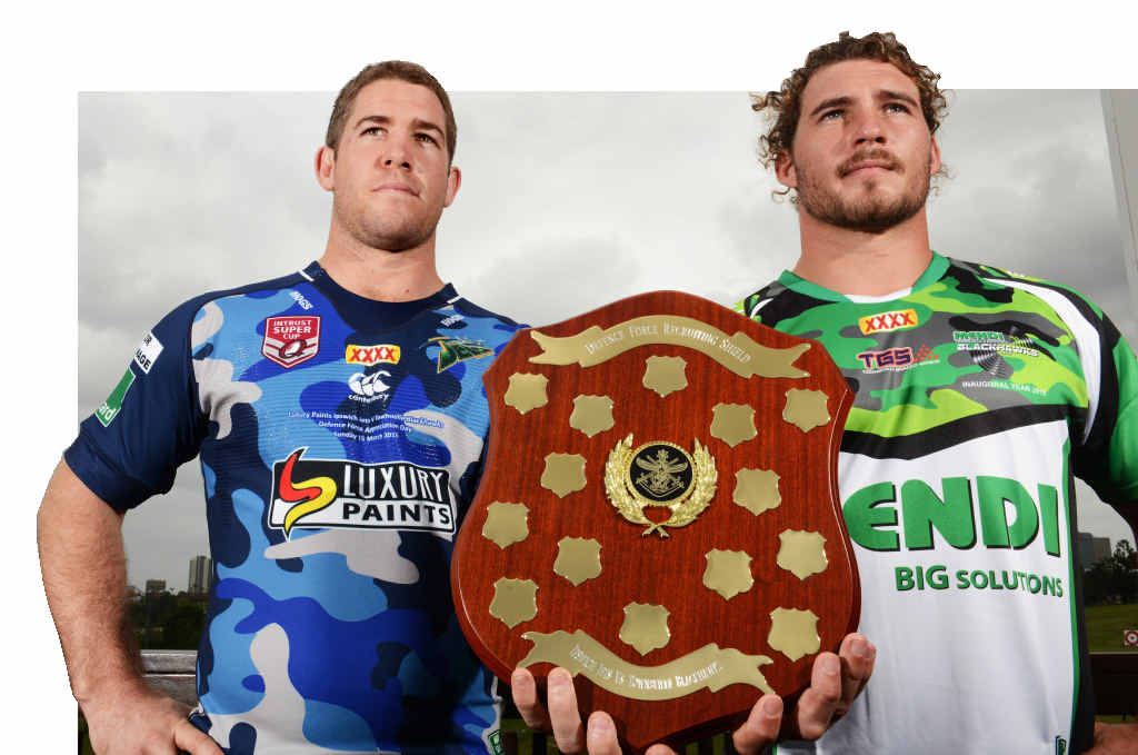 PROUD: Ipswich Jets captain Keiron Lander and Townsville captain Dan Beasley holding the Defence Force Recruitment Shield, which both teams will be playing for tomorrow. PROUD: Ipswich Jets captain Keiron Lander and Townsville captain Dan Beasley holding the Defence Force Recruitment Shield, which both teams will be playing for tomorrow.