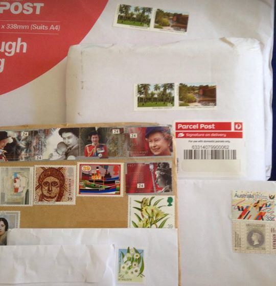 Lucy Dwyer shared this photo of the parcels and letters she received today, not of which had been stamped by Australia Post. Lucy Dwyer shared this photo of the parcels and letters she received today, not of which had been stamped by Australia Post.
