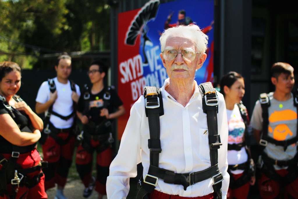 Image for sale: 90-year-old Murwillumbah resident George Anderson went skydiving for the first time on March 7. Photo: Liana Turner / Tweed Daily News