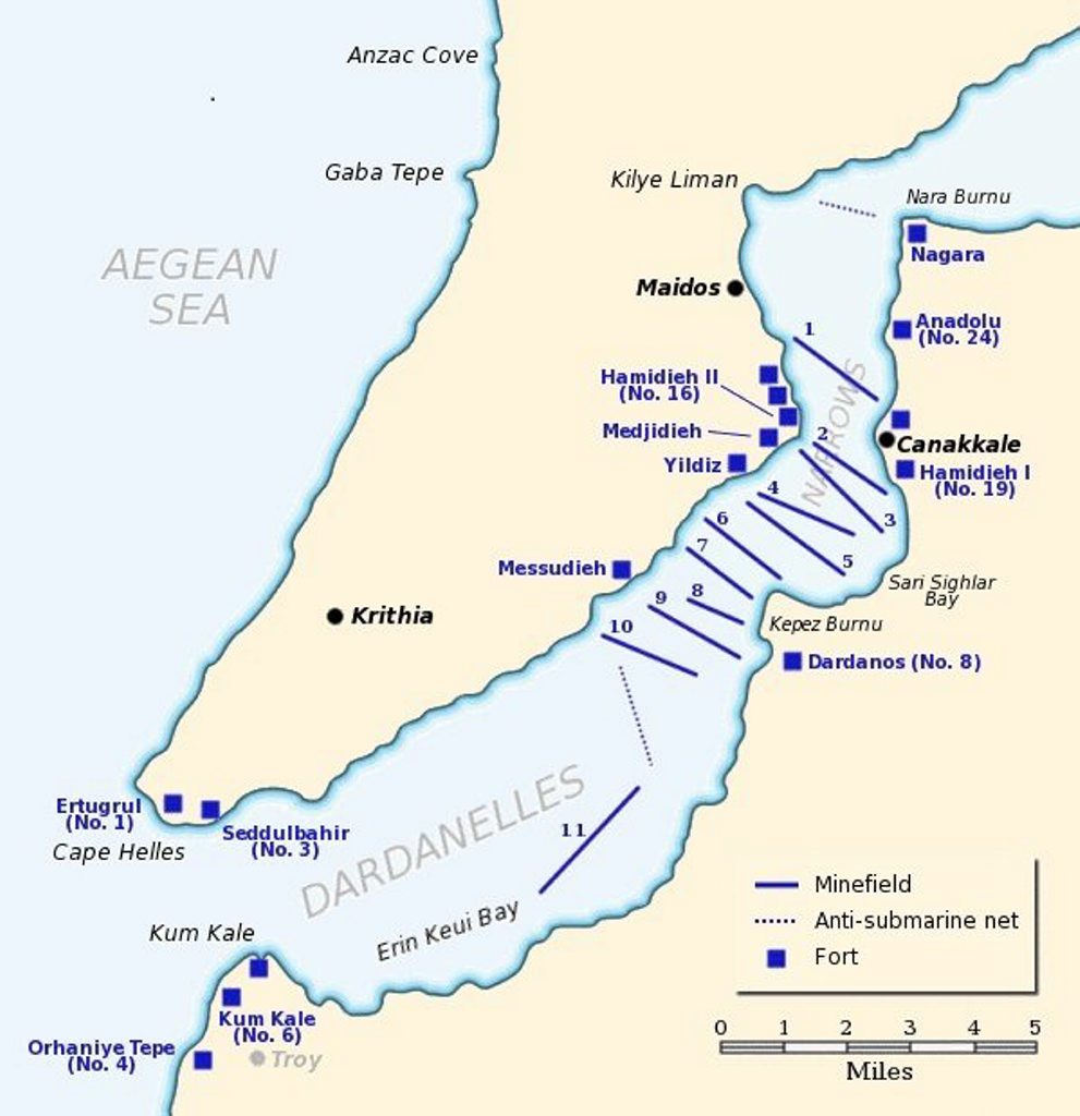 A map showing the defences of the Dardanelles in March 1915. Minefield no 11, in Eren Keui Bay, had been laid without the British knowing on the night of March 8. A map showing the defences of the Dardanelles in March 1915. Minefield no 11, in Eren Keui Bay, had been laid without the British knowing on the night of March 8.