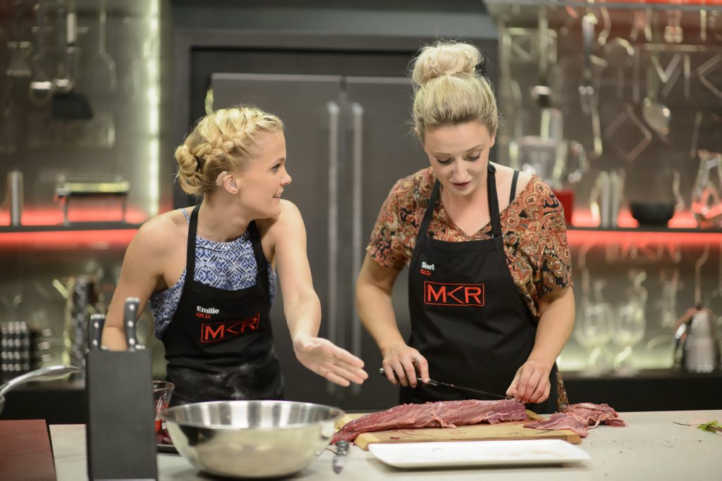 My Kitchen Rules contestants Emilie Biggar, left, and Sheri Eddington pictured during their sudden-death elimination cook-off. My Kitchen Rules contestants Emilie Biggar, left, and Sheri Eddington pictured during their sudden-death elimination cook-off.
