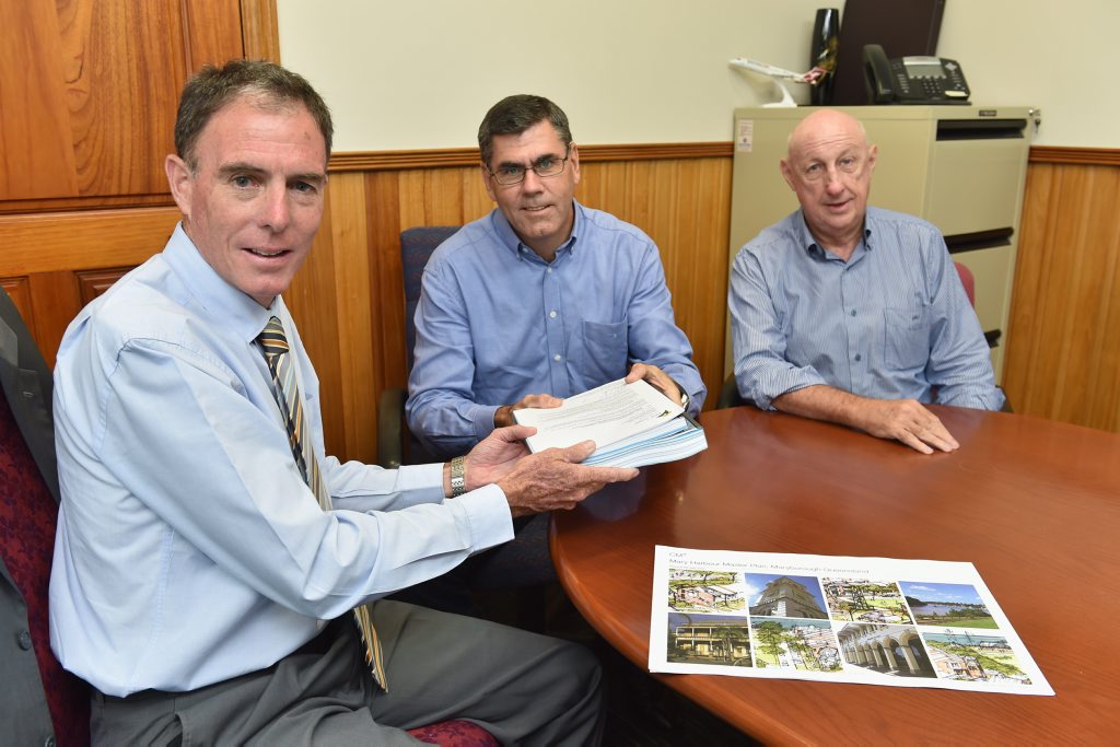 Mayor Gerard O'Connell, MSF Sugar chief executive Mike Barry and MSF Sugar general manager property Dennis Kaye at the lodging of the Mary Harbour Master Plan in the Hervey Bay council offices. Mayor Gerard O'Connell, MSF Sugar chief executive Mike Barry and MSF Sugar general manager property Dennis Kaye at the lodging of the Mary Harbour Master Plan in the Hervey Bay council offices.