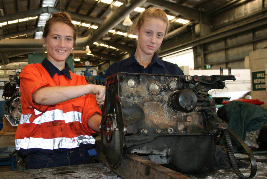 THINKING AHEAD: Tiarnee Malins and Sophie Smith are enjoying getting their hands dirty working on engines. THINKING AHEAD: Tiarnee Malins and Sophie Smith are enjoying getting their hands dirty working on engines.