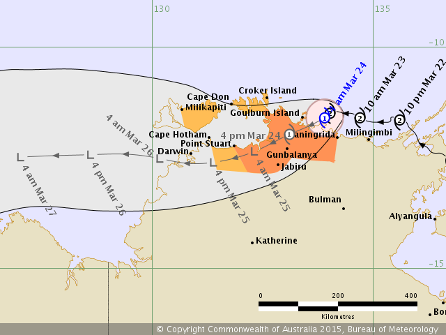 A map issued by the Bureau of Meteorology on Tuesday morning showing the projected pathway of TC Nathan over the Northern Territory. A map issued by the Bureau of Meteorology on Tuesday morning showing the projected pathway of TC Nathan over the Northern Territory.