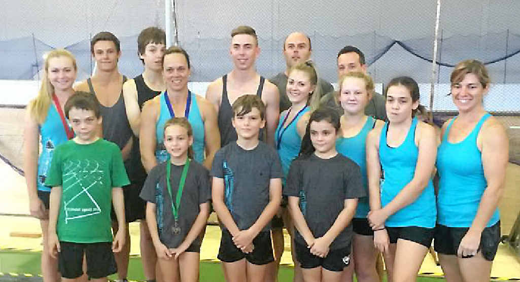 STRENGTH IN NUMBERS: (From back) Lily Wilson, Matthew Warren, Nicholas Sainsbury, Leanne Knox, Corey Smith, Chelsea Nicoll, Nathan Sainsbury, Gabbi McNeill, Steve Knox (coach), (front) Tristan Sainsbury, Emily Hinschen, Max Hinschen, Emily Poles, Lily Poles and Bernadette Porter following the North Queensland Championships in Townsville at the weekend.