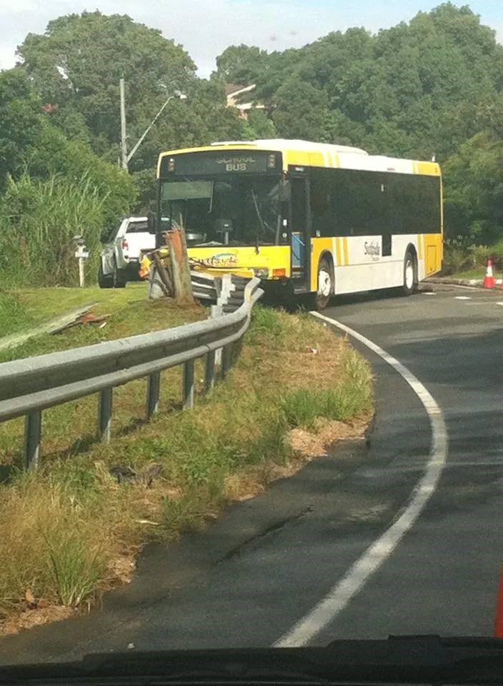 A school bus crashed into a power pole on the corner of Scenic Dr and Warringa Dr in Bilambil Heights on Thursday morning. A school bus crashed into a power pole on the corner of Scenic Dr and Warringa Dr in Bilambil Heights on Thursday morning.