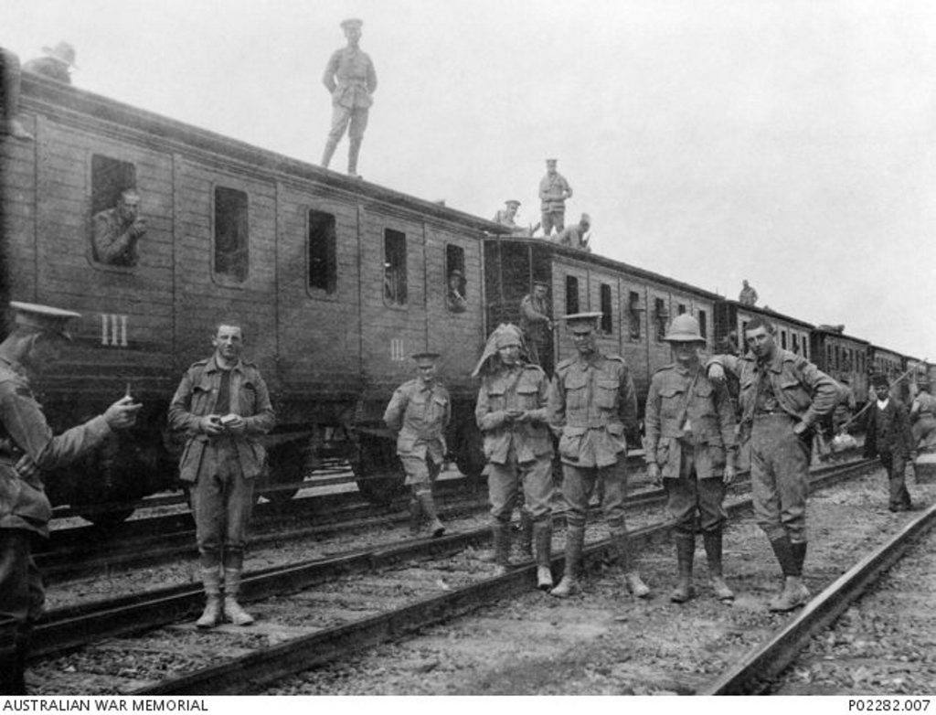 Members of the 3rd Battalion, 1st AIF, are about to board a train on April 4, 1915, to Alexandria, where they will meet troopships that will eventually take them to Gallipoli. Courtesy of Australian War Memorial P02282.007 Members of the 3rd Battalion, 1st AIF, are about to board a train on April 4, 1915, to Alexandria, where they will meet troopships that will eventually take them to Gallipoli. Courtesy of Australian War Memorial P02282.007