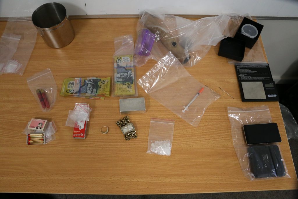 Drugs, drug items, cash, explosives and property suspected of being stolen was found in the Murray Pde house. Drugs, drug items, cash, explosives and property suspected of being stolen was found in the Murray Pde house.