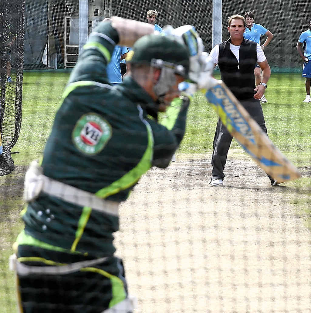 MASTER CLASS: Michael Clarke plays a shot in the nets to the bowling of Shane Warne. MASTER CLASS: Michael Clarke plays a shot in the nets to the bowling of Shane Warne.