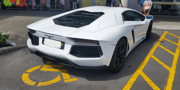 A property developer's Lamborghini Aventador parked illegally at a New Zealand shopping centre A property developer's Lamborghini Aventador parked illegally at a New Zealand shopping centre