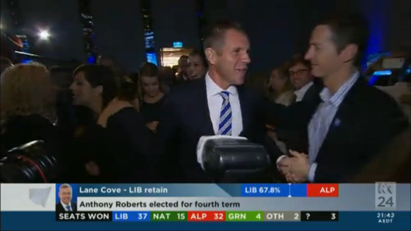 NSW Premier Mike Baird arrives to make his victory speech. NSW Premier Mike Baird arrives to make his victory speech.