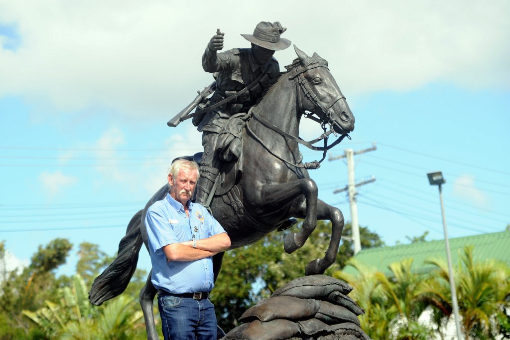 Hervey Bay RSL sub-branch president John Kelsey at the 5th Light Horse statue after it was vandalised. Hervey Bay RSL sub-branch president John Kelsey at the 5th Light Horse statue after it was vandalised.