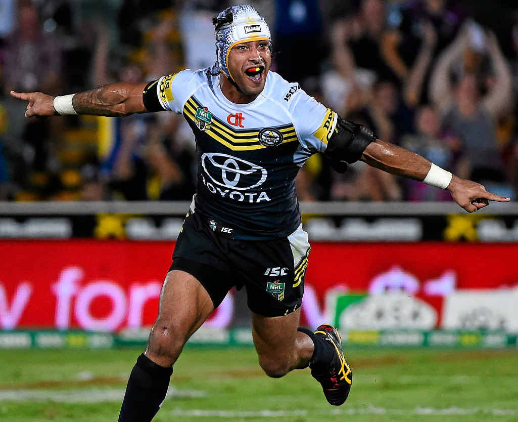 WINNER: Johnathan Thurston celebrates after kicking the winning field goal in Townsville last night. WINNER: Johnathan Thurston celebrates after kicking the winning field goal in Townsville last night.