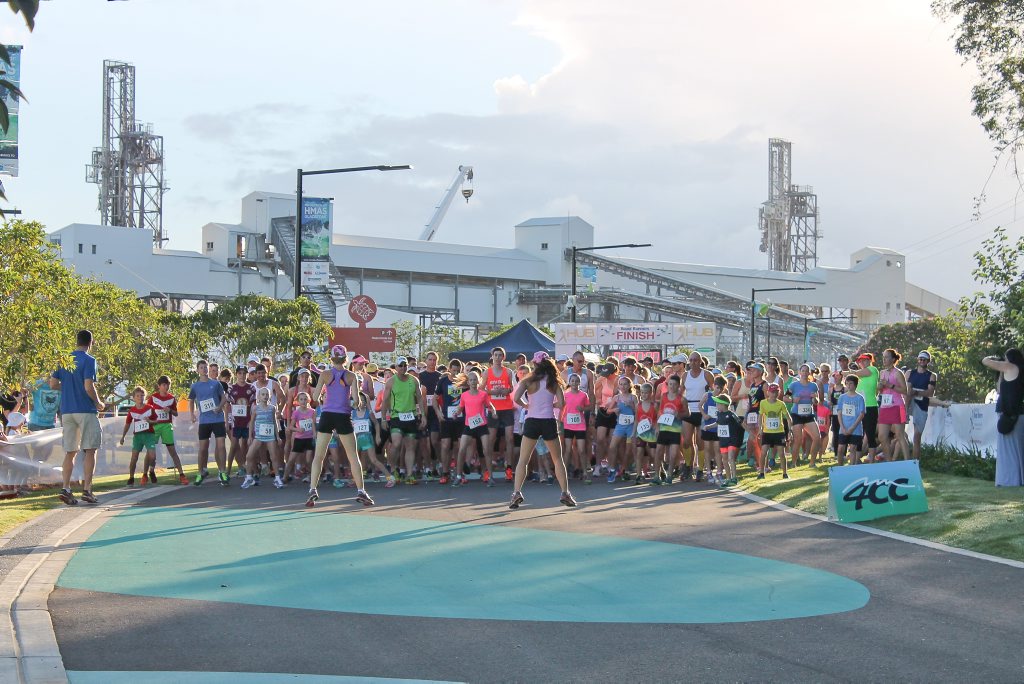 The warm up before the Gladstone Harbour Festival Hub Fitness Fun Run 2015.